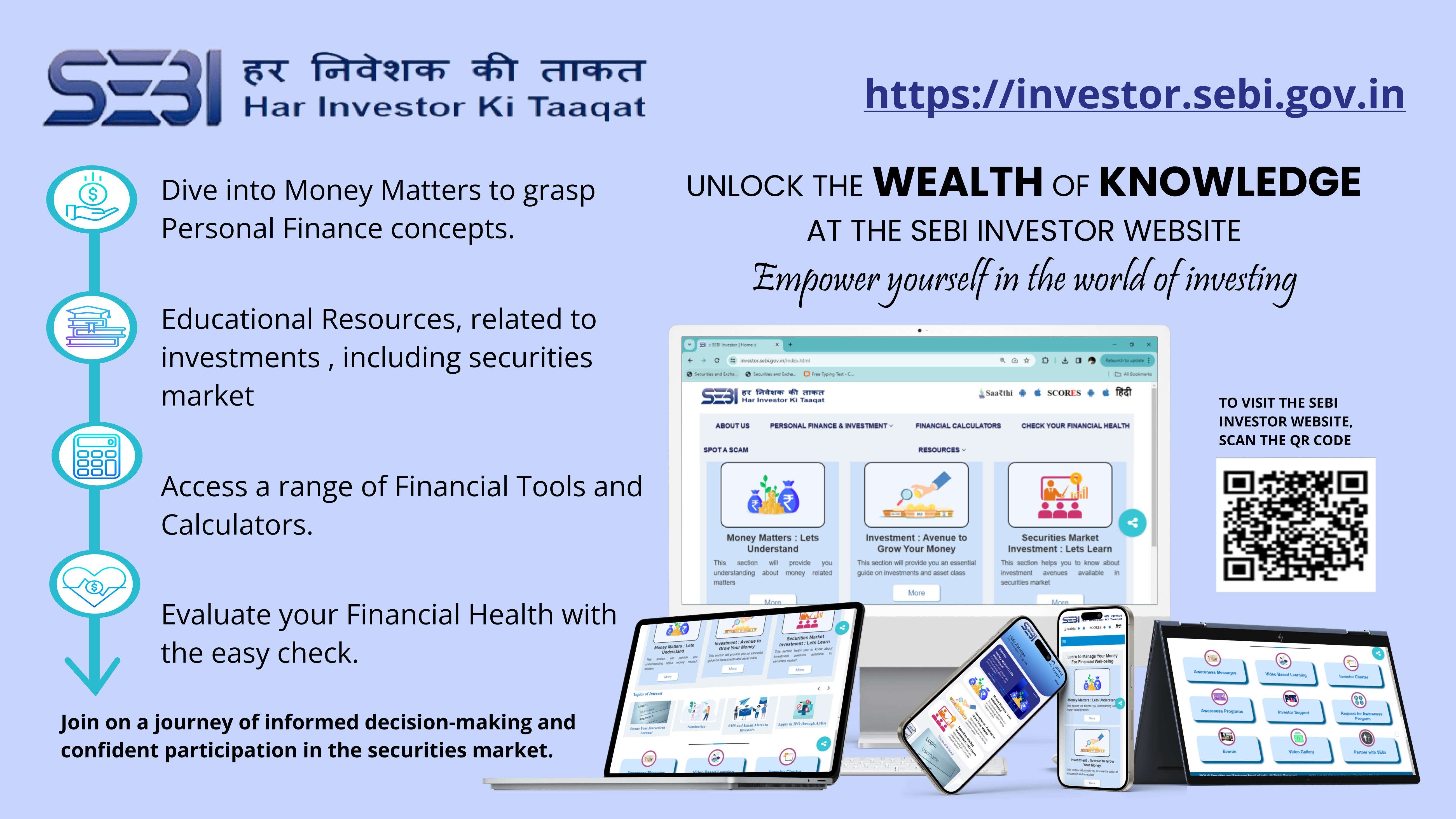 SEBI investor resources poster with financial education topics, tools, website information, and a QR code