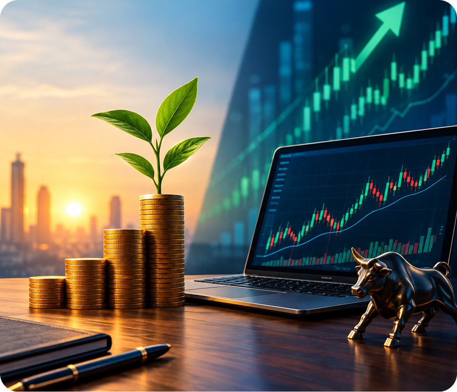 Investment growth represented by rising market charts and a growing plant