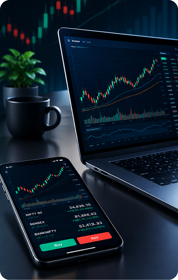 Trading charts displayed on a laptop and mobile phone