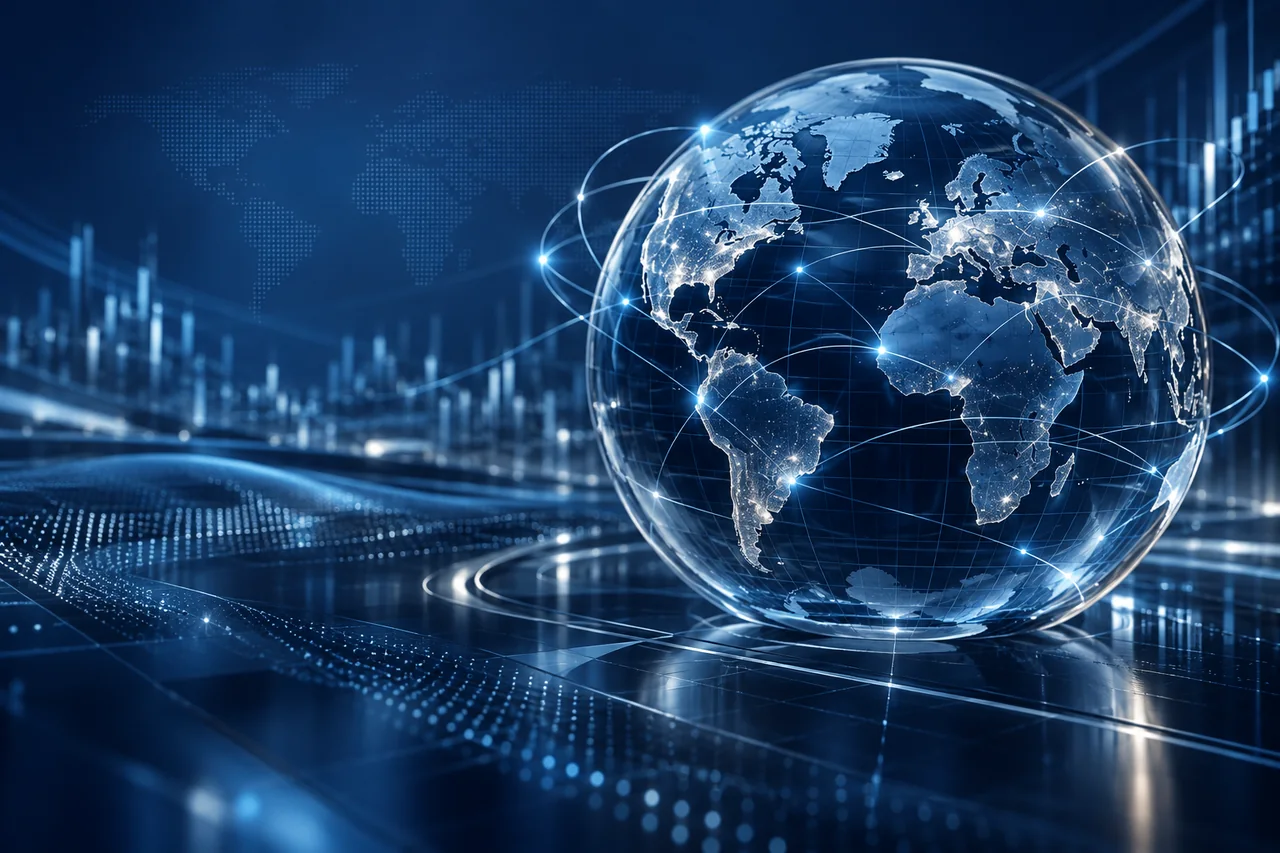 Connected global currency markets represented by a digital world grid